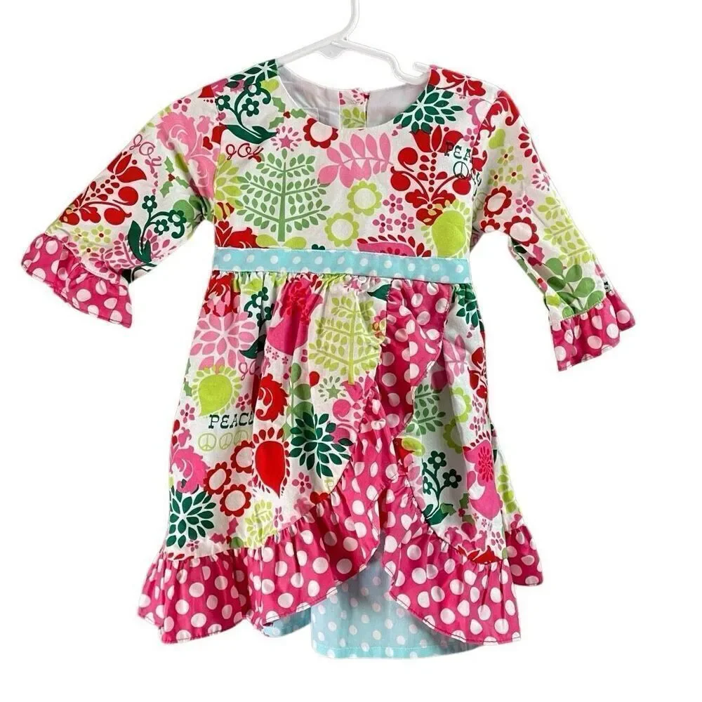 SMOCKED A LOT Toddler Girls Floral Ruffled Dress Size 18M Boho Polka Dots